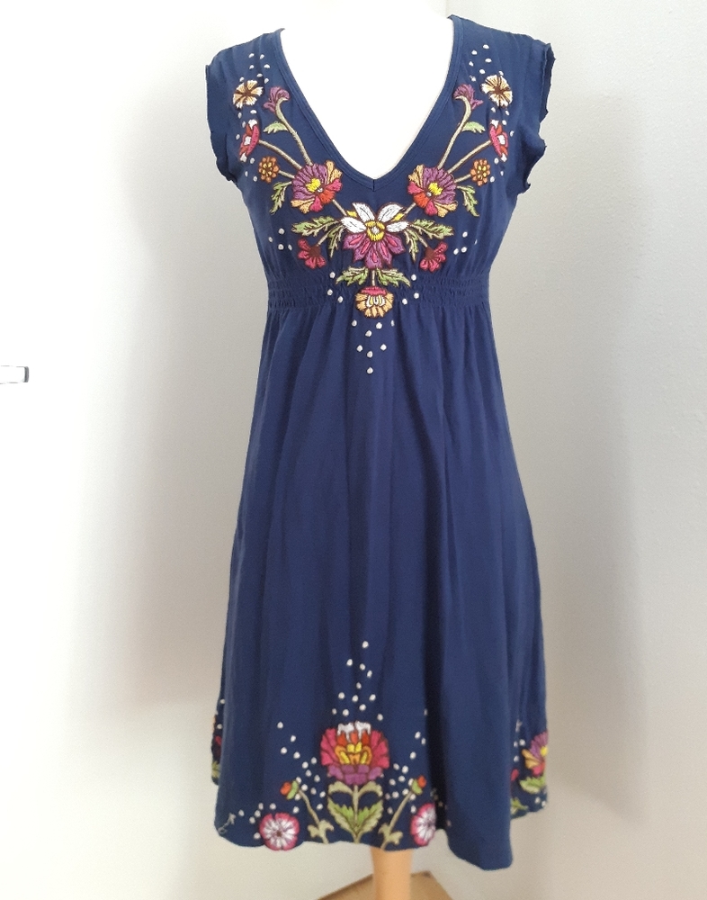 🦩Johnny Was Embroidered Jersey Dress Navy Small